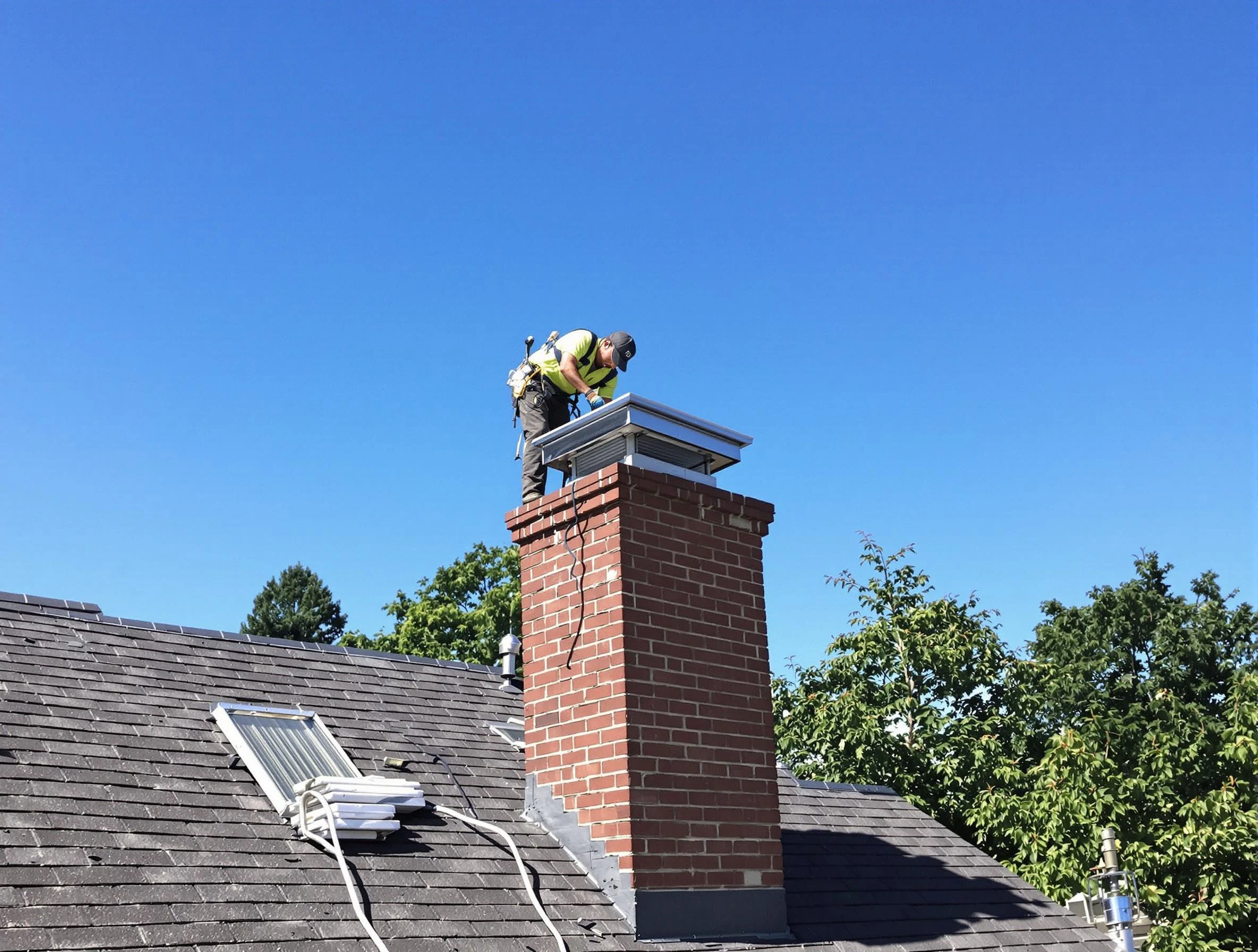 Lovejoy Chimney Sweep technician measuring a chimney cap in Lovejoy, GA